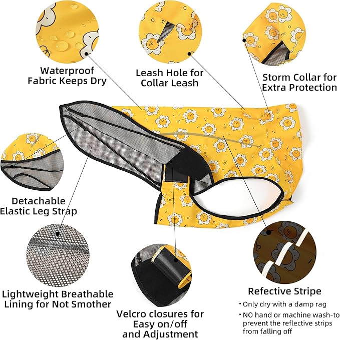 Mile High Life Dog Raincoat, Adjustable Waterproof Reflective Rain Jacket for Small Medium Large Dogs, Lightweight Breathable Pet Rain Coat with Leash Hole(Yellow Sun,S Chest 22-25")