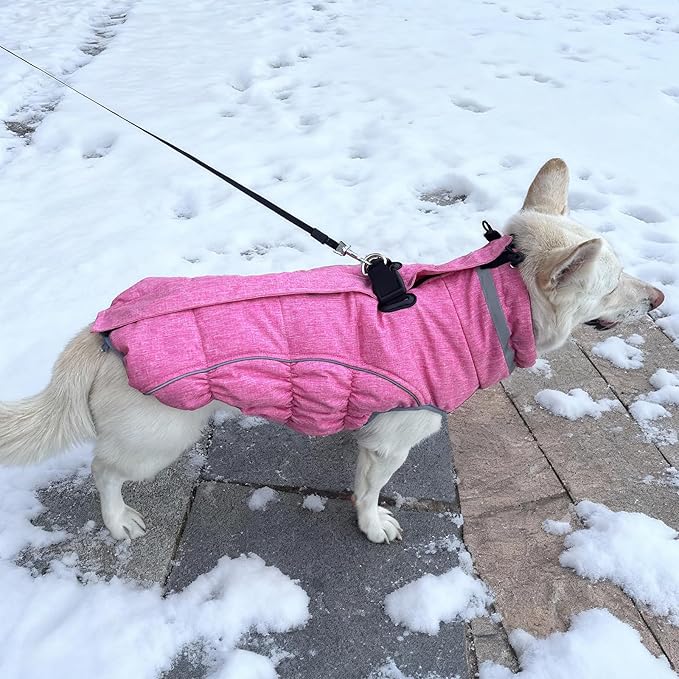 Malier Dog Coat, Reflective Dog Jacket Waterproof Windproof Puppy Cold Weather Coats with Harness Built in, Winter Extra Warm Pet Coat Fleece Vest for Small Large Pets and Puppy (Pink, XX-Large)