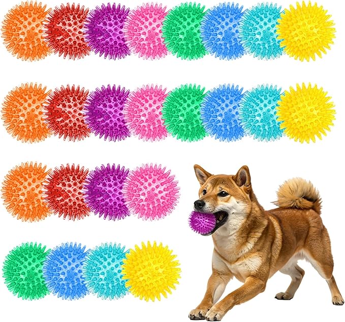 24 Pack 2.5 Inch Squeaky Dog Toy Balls Cleans Teeth and Promotes Dental and Gum Health, Spiky Dogs Chew Toys for Small, Medium & Large Dogs, Small Dog Balls for Aggressive Chewers, 8 Colors