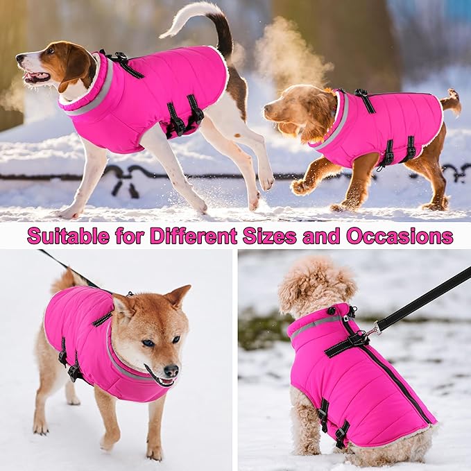Dogcheer Dog Coat, Waterproof Dog Jacket with Harness, Reflective Adjustable Puppy Winter Coat with Zipper, Christmas Pet Snow Jacket Clothes for Small Medium Large Dogs - Pink S