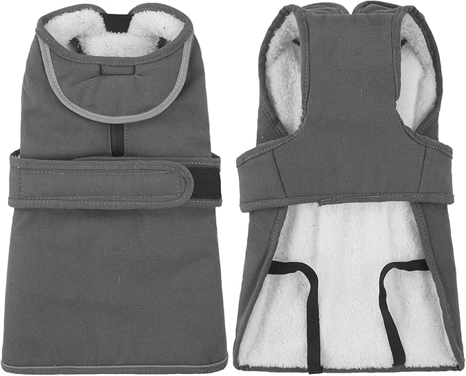 Kuoser Canvas Dog Coat, Warm Dog Jacket Reflective Fleece Pet Cold Weather Coat, Warm Doggie Clothes Waterproof Winter Vest with Zipper Leash Hole for Small Medium Large Dogs, Grey L