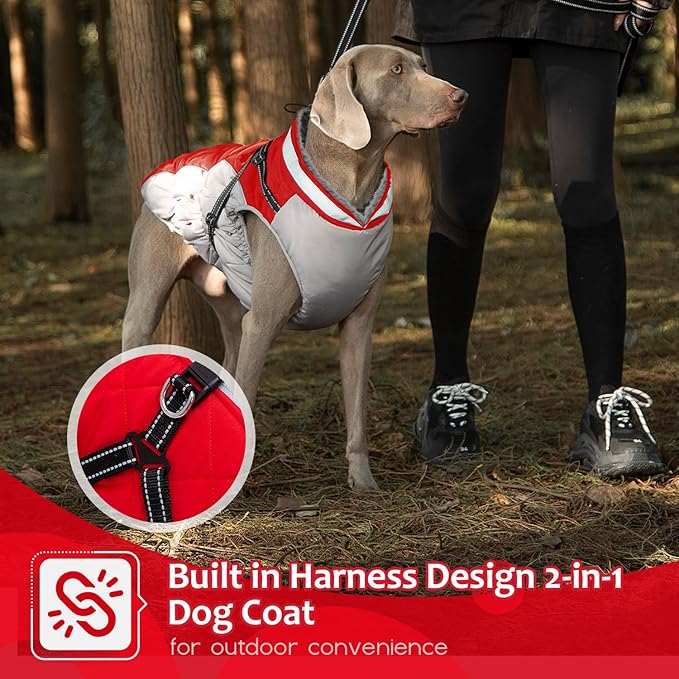 Dog Winter Coat with Harness, Dog Jacket, Pet Clothes with Zipper on Back, Waterproof Windproof Warm Vest, Reflective Cold Weather Coats, for Small Medium Large Dogs, Thick, Red, M