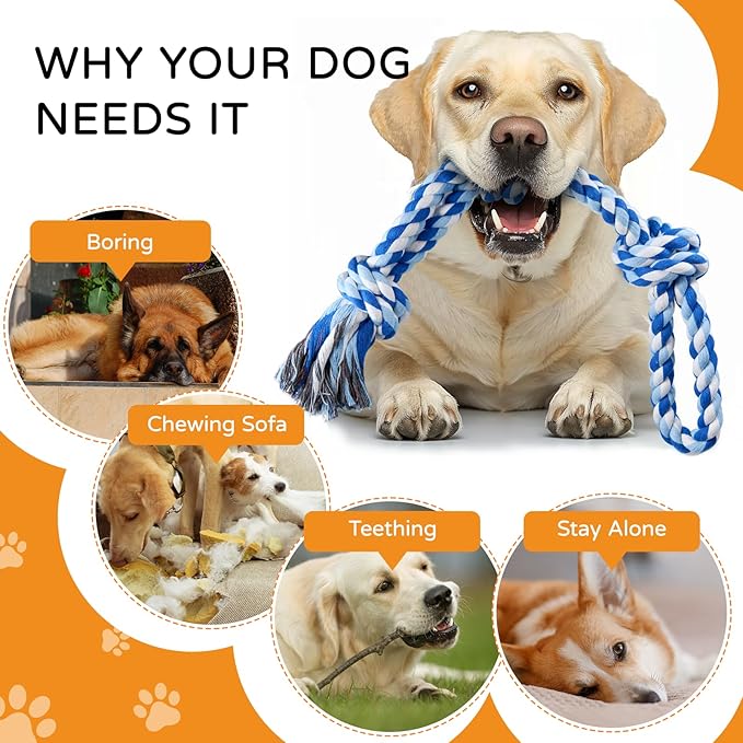 2 Pack Dog Rope Toys for Medium Large Breed, Nearly Indestructible Dog Chew Toys for Aggressive Chewers, Teeth Cleaning Chew Toys, Dog Tug Toy for Boredom, Dog Rope Toy for Aggressive Chewers