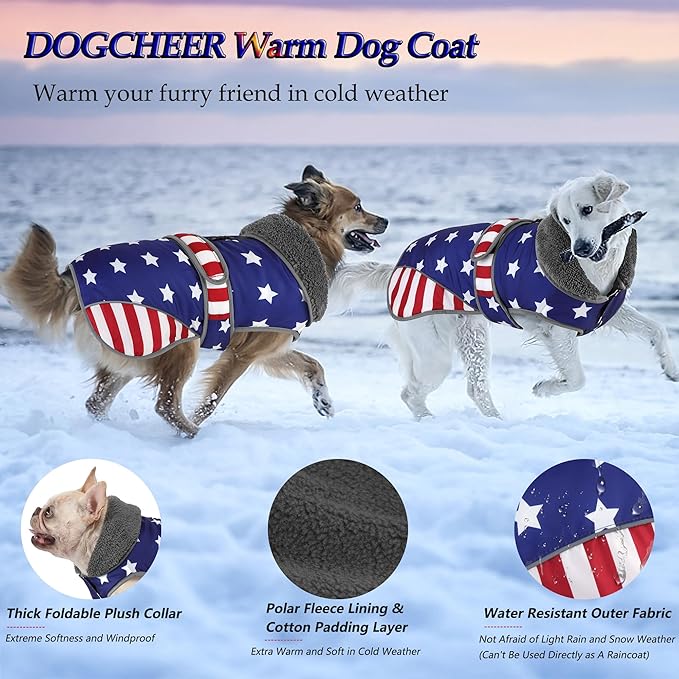 Dogcheer Dog Coat, American Flag Dog Jacket Waterproof Puppy Winter Coat for Cold Weather, Reflective Adjustable Pet Snow Jacket Fleece Sweater for Small Medium Large Dogs - USA Flag, L