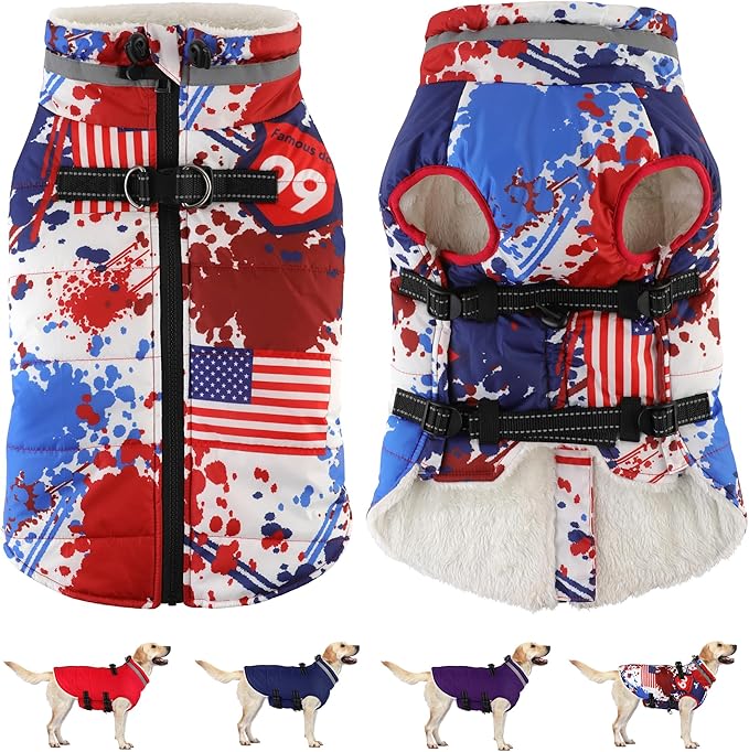 Dogcheer Dog Winter Coat, American Flag Dog Jacket with Harness, Adjustable Puppy Coat with Zipper, Waterproof Pet Fleece Jacket Snowsuit for Small Medium Large Dogs - US Flag 2XL