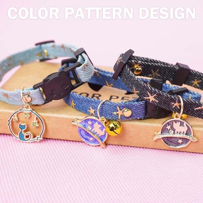 3 Pack Breakaway Cat Collars with Bell- Moon and Stars Pendant Cat Collar for Girl Boy Cats with Safety Buckle- Cute Kitten Collar Adjustable 8"-12" for Kitty Puppy Small Pets