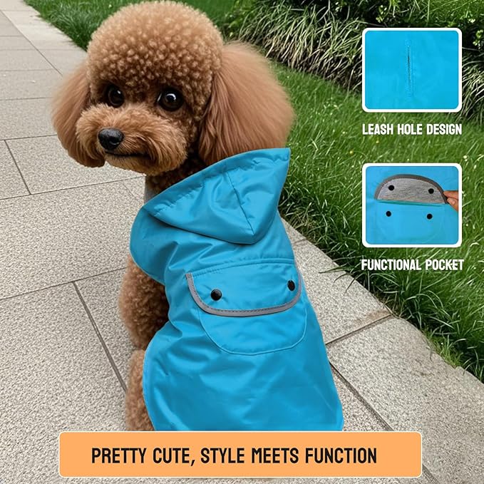 Small Dog Raincoat Dogs Rain Jacket Reflective Poncho Rainwear Waterproof Pet Clothes Warm Lined Pocket Hooded Leash Hole Adjustable for Puppy,Blue,S,Back Length 8.3 Inch