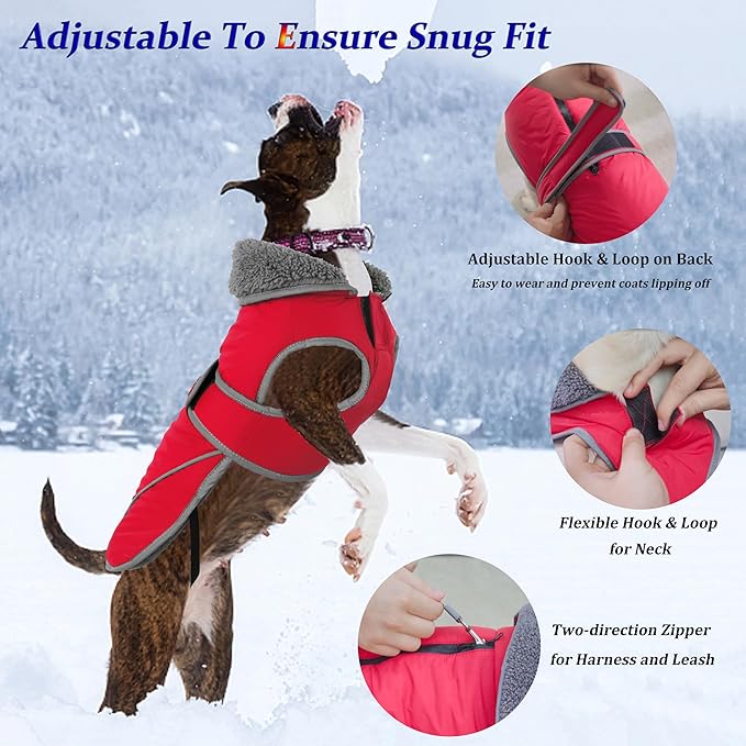 Dogcheer Dog Coat, Waterproof Dog Jacket Reflective Pet Winter Coat with Adjustable Hook & Loop, Christmas Puppy Fleece Jacket Warm Turtleneck Snowsuit for Small Medium Large Dogs - Red, S
