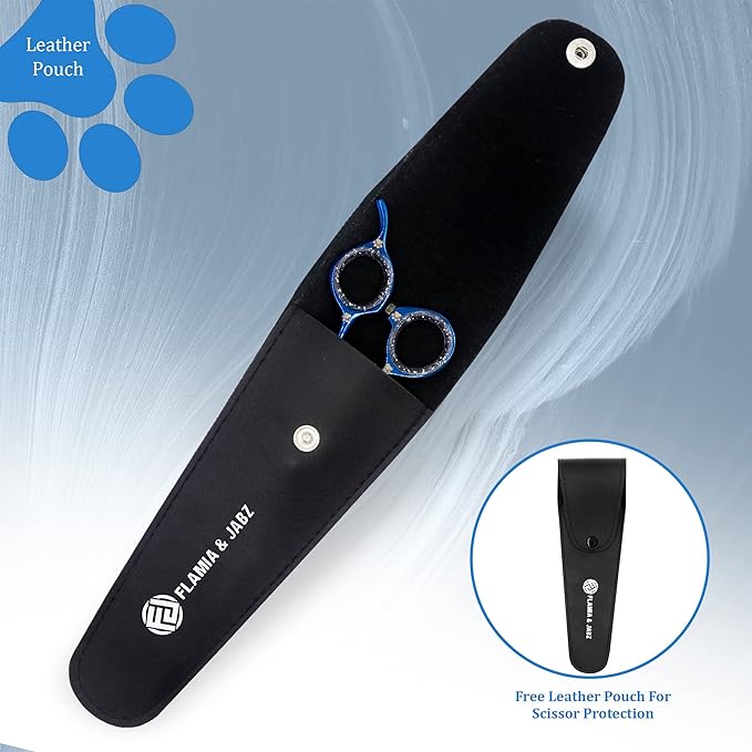 Professional Dog Grooming Scissors/Shears, Straight, with Paw Prints for Dogs, Cats & Pets (Right Handed, Blue, Stainless Steel 8 Inch)