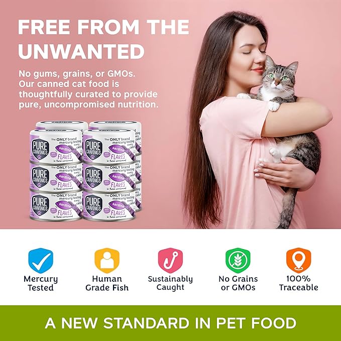 Pure Cravings Sardine Flakes in Tuna Consommé, Canned Wet Cat Food Soup, 100% Mercury-Tested, Moist Can Fish, Grain-Free Protein, Non-GMO, 3oz, Pack of 12