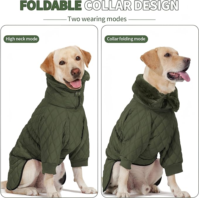 IDOMIK Dog Winter Coat for Large Dogs, Warm Dog Winter Jacket with Fleece High Collar, Zippered Cold Weather Coats for Dogs, Waterproof Doggy Snow Jacket Clothes,Green,L