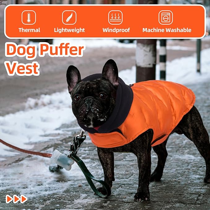 Nanaki Lightweight Dog Down Jacket With Leash Hole-Large Winter Dog Coat Reflective Stripes, Warm Snow Coat With Hood, Windproof Snowsuit For Cold Weather, Puffer Jacket For Outdoor Activities, Orange