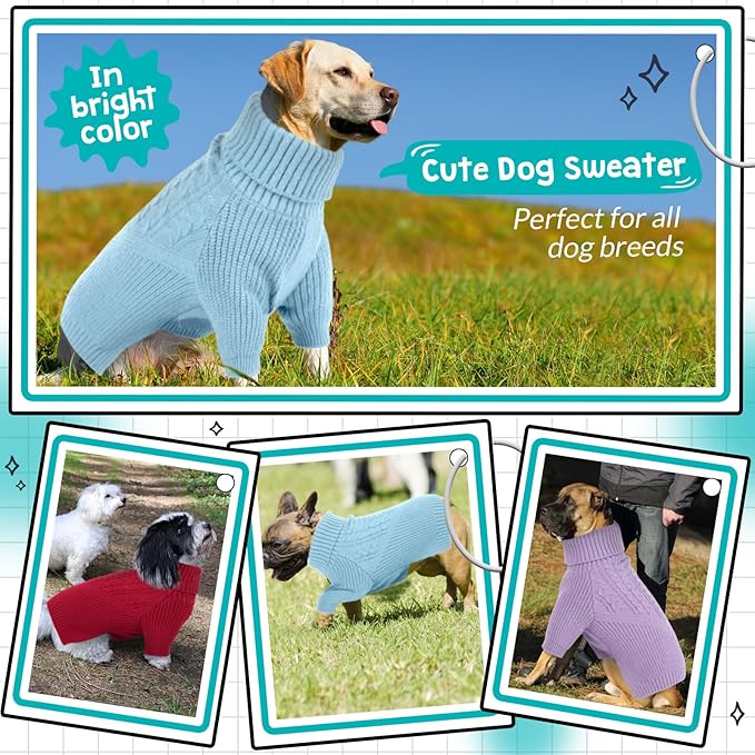 Queenmore Dog Sweater, Puppy Sweater for Small Dogs,Warm Winter Fall Dog Sweaters for Dog Girls Boys, Solid Turtleneck Knit Sweater for Large Medium Dogs,Long Sleeves Christmas Dog Sweater Blue,S