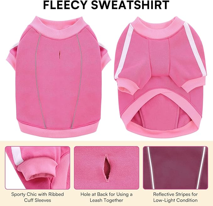 Queenmore Fleece Dog Sweater for Girl Dogs, Pullover Pink Dog Sweatshirt Sweatshirt with Leash Hole, Reflective Stripes – Cozy Winter Fleece Jacket for Small/Medium/Large Femal Puppy XL