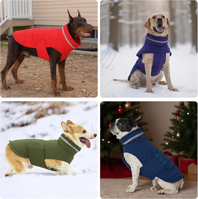 Dog Coat, Waterproof Winter Jacket, Warm Windproof Vest, Reflective Adjustable Turtleneck Coats for Medium and Large Dogs with Hook & Loop - Blue - L