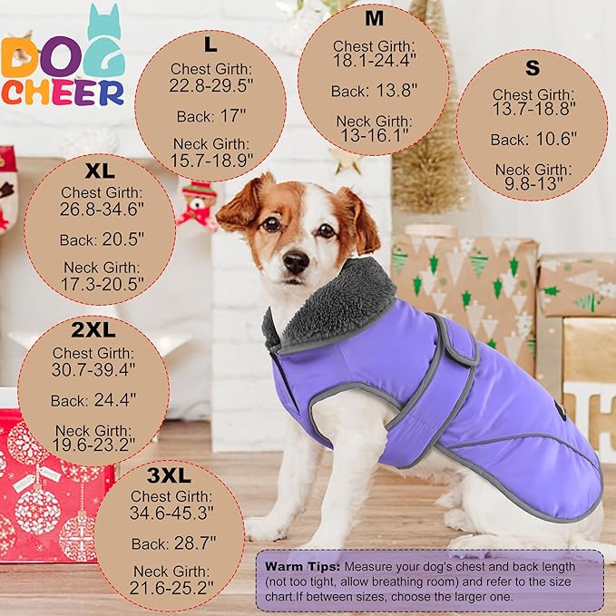 Dogcheer Dog Coat, Waterproof Dog Jacket Reflective Pet Winter Coat with Adjustable Hook & Loop, Christmas Puppy Fleece Jacket Warm Turtleneck Snowsuit for Small Medium Large Dogs - Taro Purple, 3XL