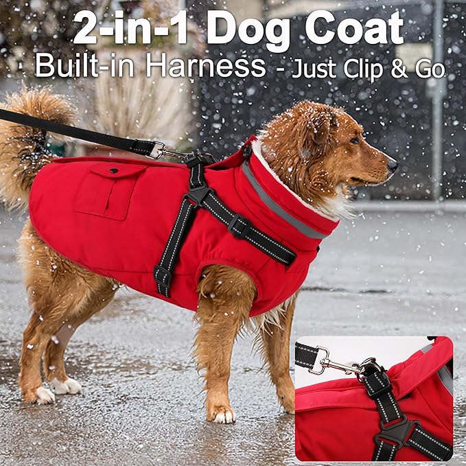 Dogcheer Dog Coat with Harness, Waterproof Warm Dog Winter Jacket with Pockets, Reflective Pet Fleece Jacket Turtleneck Snowsuit for Small Medium Large Dogs - Red, M
