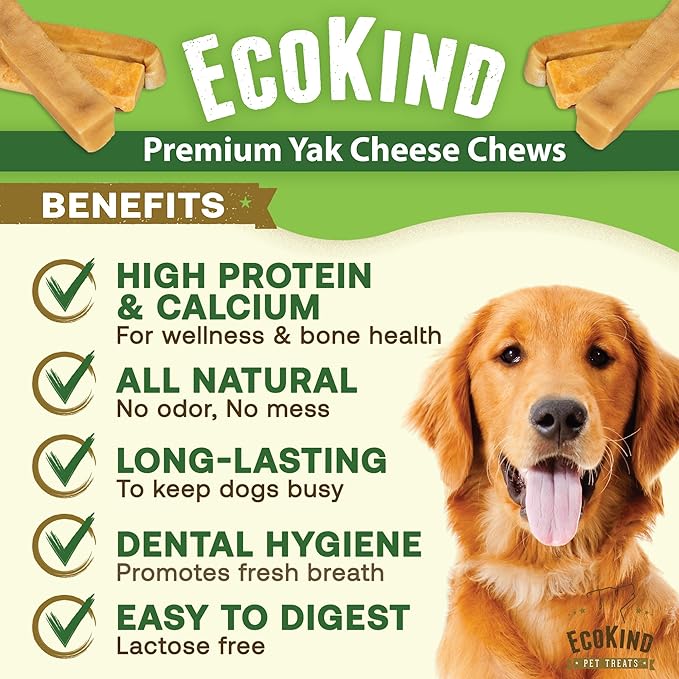 EcoKind Premium Gold Yak Cheese Himalayan Dog Chews, Healthy Dog Treats, Yak Chews for Small Dogs, All Natural, Long Lasting Dog Chew for Aggressive Chewers, High Protein Puppy Treat, Small - 4 Chews