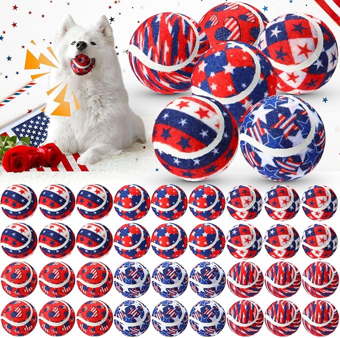 36 Pcs Independence Day Dog Squeaky Tennis Balls 2.5 Inch Interactive Pet Toys Ball for Small Medium Large Dog Plush Chew Toys Teeth Cleaning for Aggressive Chewers Cat Interactive Training