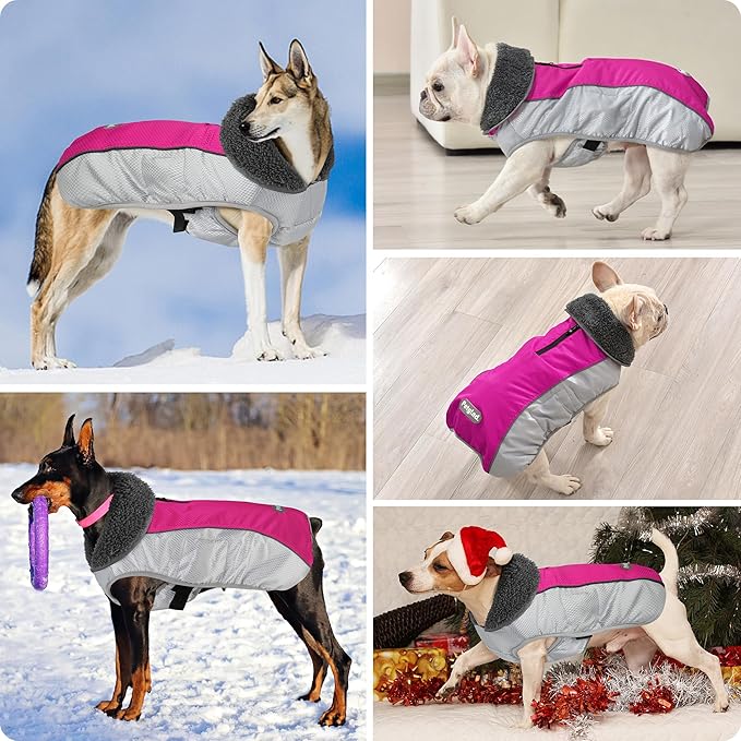 Dog Coat, Waterproof Ripstop Dog Winter Jacket with Leash Hole, Reflective Adjustable Warm Pet Fleece Snow Sweater for Small Medium Large Dogs - Rosy Red, 2XL