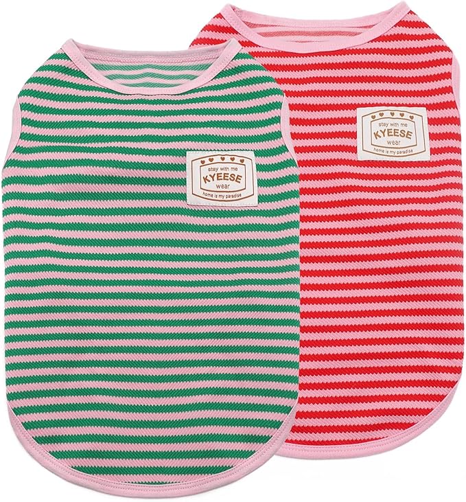 KYEESE 2Pack Dog Shirts Striped for Small Dogs Soft Stretchy Pet T-Shirts Lightweight Tank Top Sleeveless Vest Breathable Cat Outfit, Small, Green+Pink