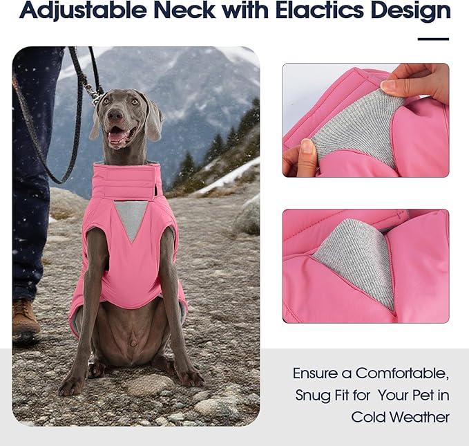 IECOii Dog Jackets for Large Dogs - Reflective & Adjustable & Windproof Vest with Warm Fleece Lining for German & Shepherd & Labrador, Waterproof Snow Coats for Walking & Hiking, Pink, Size 2XL