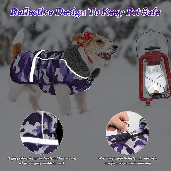 Dogcheer Warm Dog Coat, Waterproof Dog Jacket Christmas Puppy Winter Coat with Buckle, Reflective Adjustable Pet Snow Jacket Turtleneck Fleece Sweater for Small Medium Large Dogs - Camo Purple, 3XL