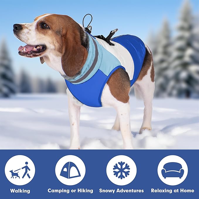 azuza Dog Coats for Large Dogs Waterproof Dog Coat with Reflective Strips and Harness Built in Warm Fleece Dogs Winter Coat Windproof with Back Zipper, Blue 3XL
