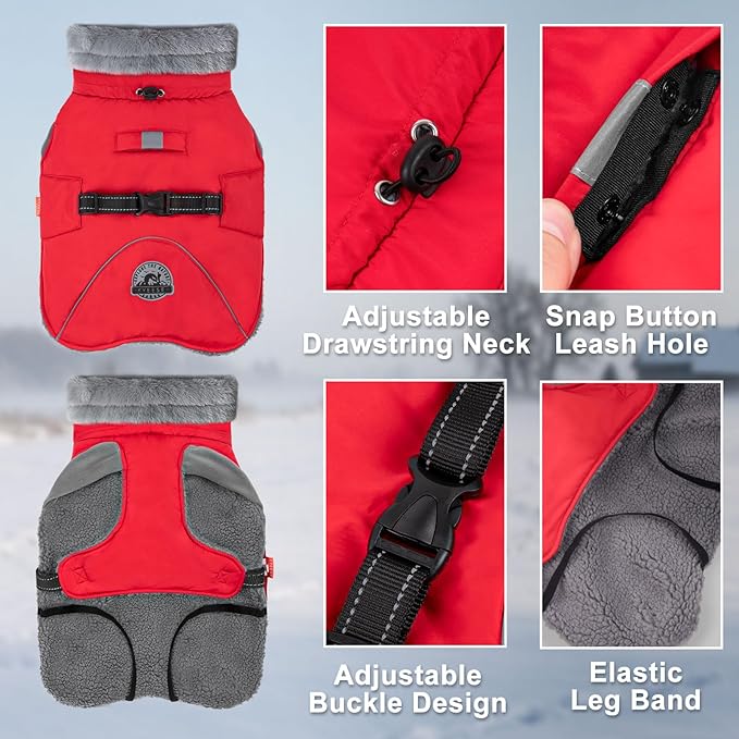 KYEESE Waterproof Dog Coat, Windproof Warm Winter Jacket with Thick Fleece Lined, Cozy Turtleneck Dog Coats for Large Dogs with Leash Hole, Reflective Outdoor Cold Weather Coat, Red, XXX-Large
