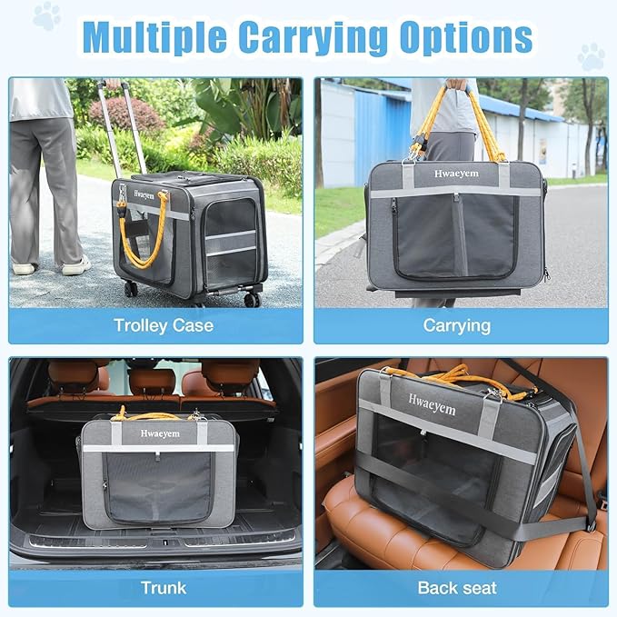 Extra Large Pet Cat Carrier with Wheels, Rolling Pet Carrier for 2 Cats or Medium Dog, 24" X 15" X 17" Portable Dog Cat Crate for Large Cat, Support up to 40 Lbs, Grey