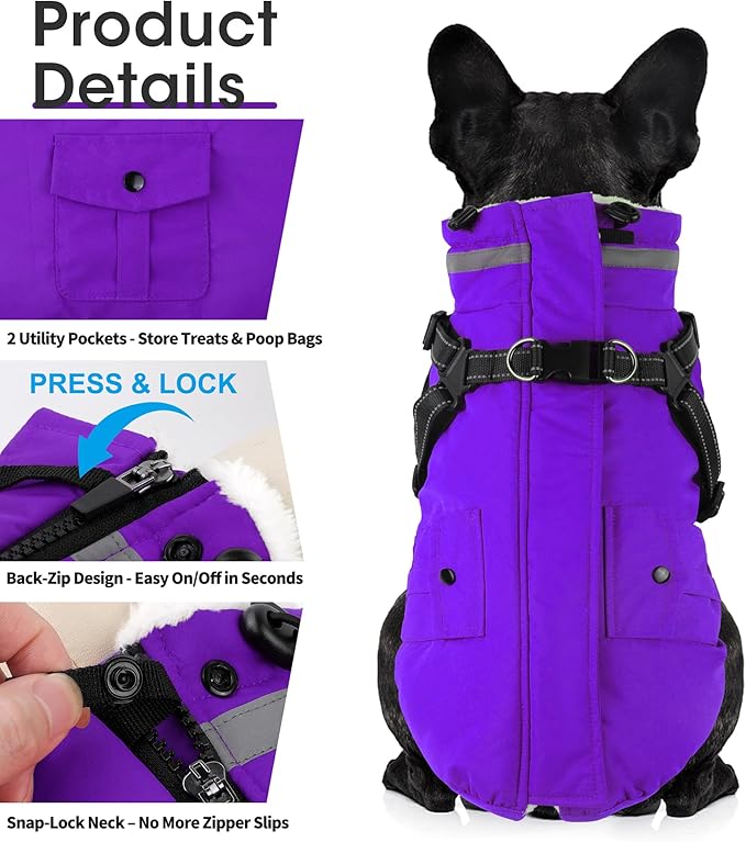 Dogcheer Dog Coat with Harness, Waterproof Warm Dog Winter Jacket with Pockets, Reflective Pet Fleece Jacket Turtleneck Snowsuit for Small Medium Large Dogs - Purple, XL