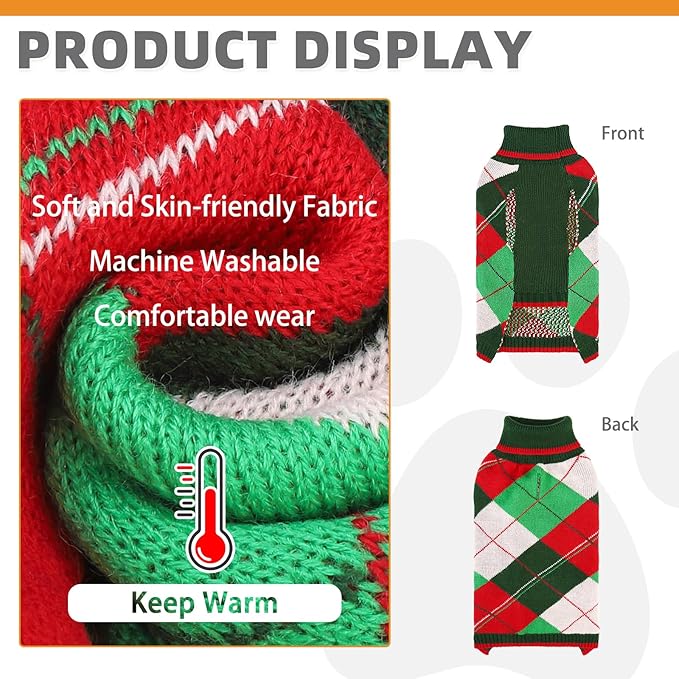 KOOLTAIL Dog Christmas Sweater Pet Knitted Clothes - Classic Plaid Pull Over Turtleneck Dog Sweaters with Leash Hole Warm Dogs Winter Clothing for Small Medium Dogs Cats Puppy Boy Girl Red & Green S