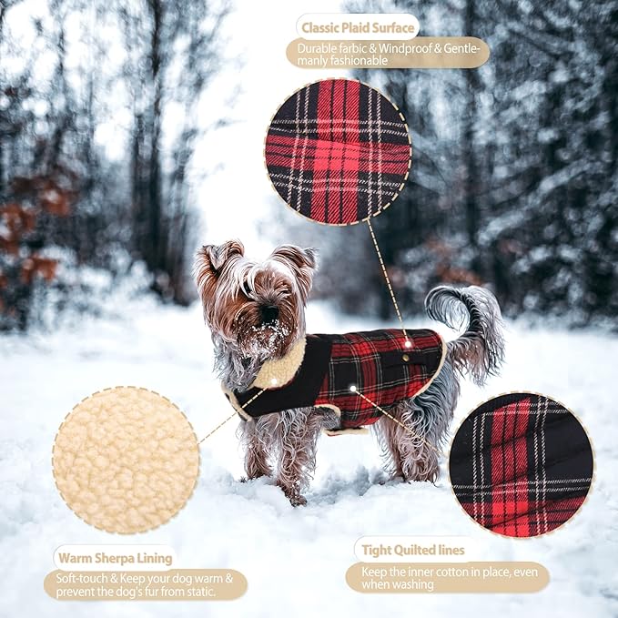 Winter Coat for Small and Medium Dogs, Puppy Plaid Jacket, Cotton Coat for Cold Weather, Windproof Warm Dog Garments, Pet Thickened Outfits Indoor Outdoor, Red XL
