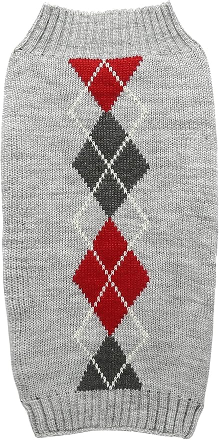 Alemon Grey Argyle Knit Pet Sweaters Clothes for Medium Dogs, Classic Gray Large (L) Size