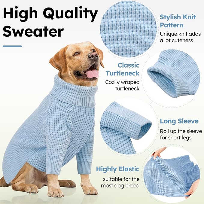 Queenmore Small Dog Sweater, Plaid Doggie Sweater, Long Sleeve Knitted Dog Sweater with Check Pattern, Warm Puppy Sweaters, Solid Pull-on Cat Sweaters, Blue S