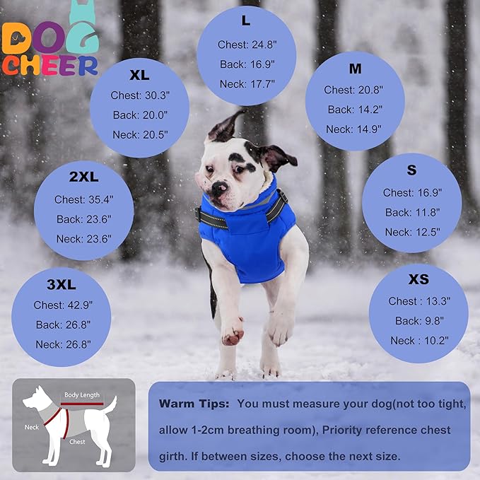 Dogcheer Dog Coat with Harness, Waterproof Warm Dog Winter Jacket with Pockets, Reflective Pet Fleece Jacket Turtleneck Snowsuit for Small Medium Large Dogs - Blue, M