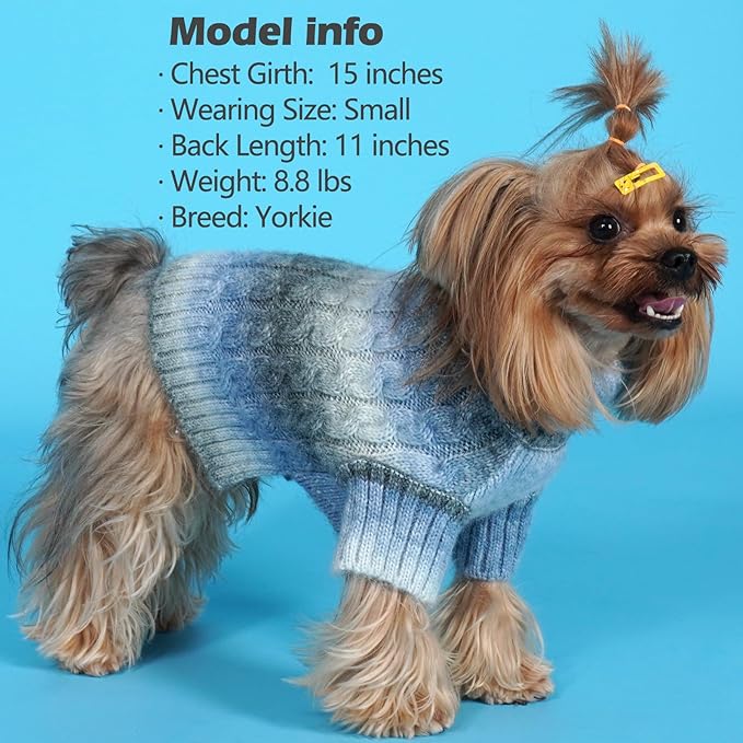 KYEESE Dog Sweater Thick Cable Knit Pet Sweater Gradient Color Small Dog Sweater Fuzzy Warm with Sleeves, Blue, X-Small