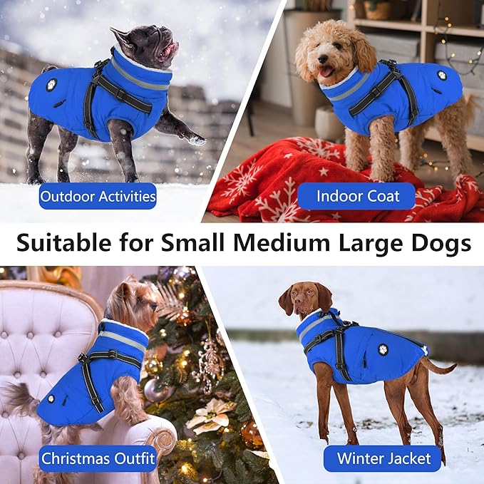 Dogcheer Dog Coat, Waterproof Dog Winter Jacket with Harness, Reflective Adjustable Doggy Cold Weather Coats, Christmas Pet Fleece Snowsuit for Small Medium Large Dogs - Blue, 3XL