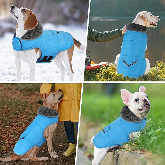 Dog Coat, Waterproof Dog Winter Jacket with Pocket, Reflective Adjustable Pet Snow Vest, Warm Cozy Fleece Sweater for Small Medium Extra Large Dogs - Sky Blue, 2XL