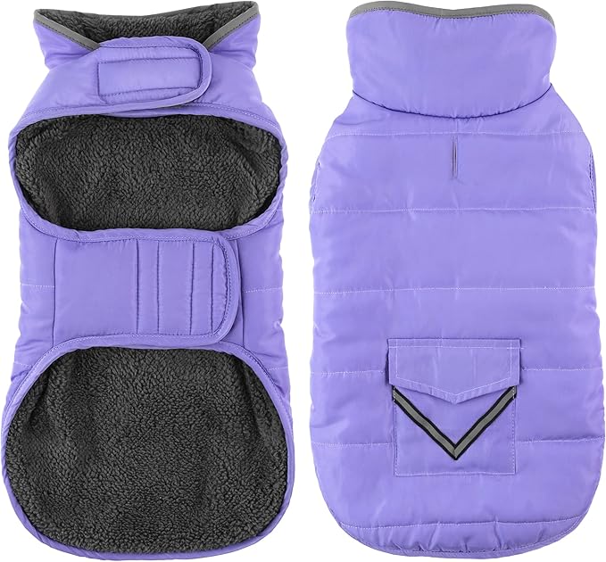 Dog Coat, Waterproof Dog Winter Jacket with Pocket, Reflective Adjustable Pet Snow Vest, Warm Cozy Fleece Sweater for Small Medium Extra Large Dogs - Light Purple, M
