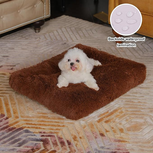 Bedfolks Waterproof Crate Bed, Plush Pad With Removable Cover, Faux Fur for Small Dogs and Cats, Fluffy Washable Kennel Bed 17"x12", Solid Brown
