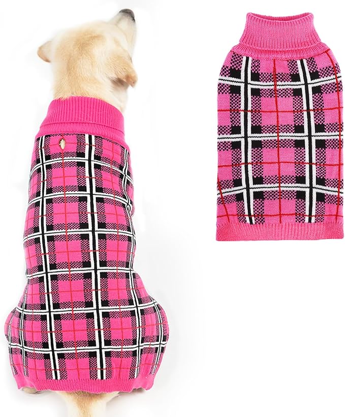 PUPTECK Dog Sweaters for Large Medium Small Dogs - Fall Classic Plaid Style Puppy Holiday Winter Coat Clothes Warm, Fuschia, L