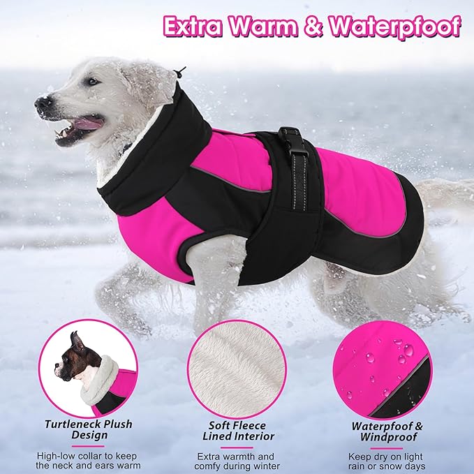 Dogcheer Waterproof Dog Coat, Christmas Dog Winter Jacket, Adjustable Puppy Fleece Coat for Cold Weather, Reflective Turtleneck Snow Jacket for Small Medium Large Dogs - Pink, XL