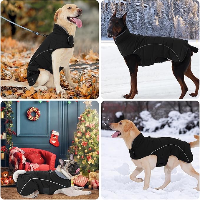 HEYWEAN Dog Winter Coat - Waterproof Windproof Reflective Vest for Medium & Large Breeds Adjustable Warm FleeceLined Jacket with Magic Tape & D-Ring for Leash Cold Weather Apparel (Black, X-Large)