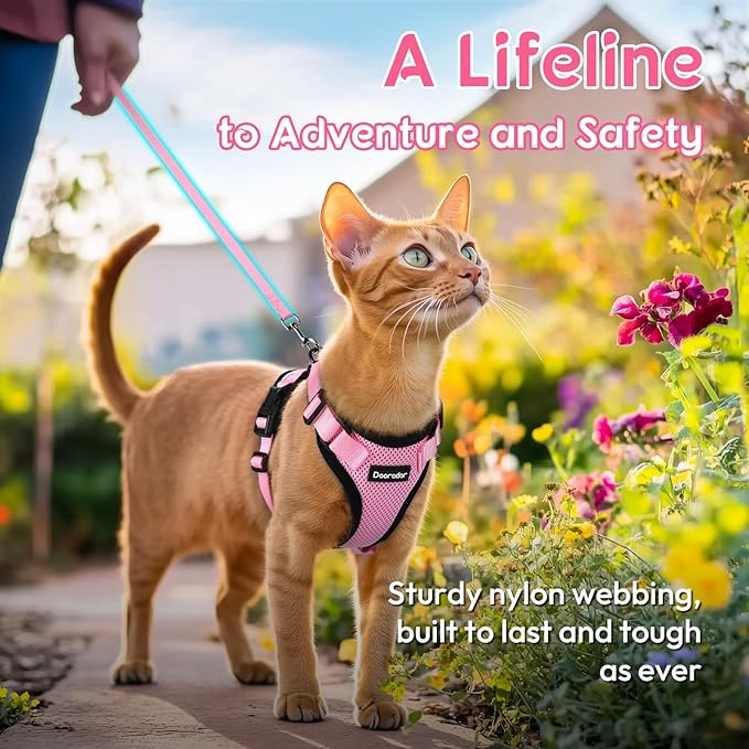 Dooradar Cat Harness and Leash Set, Escape Proof Safe Adjustable Kitten Vest Harnesses for Walking, Easy Control Soft Breathable Mesh Jacket with Reflective Strips for Cats, Pink, XS
