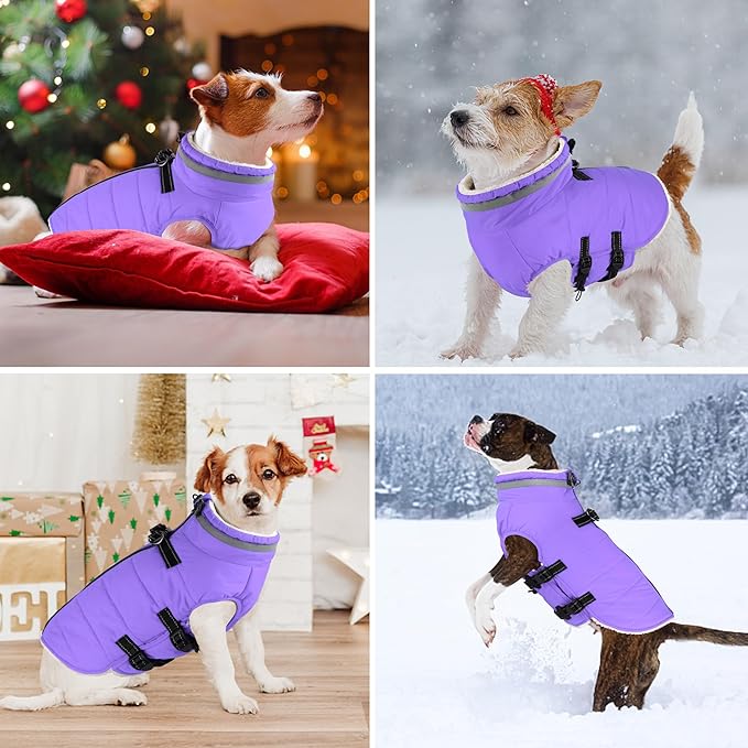 Dogcheer Dog Coat with Harness, Waterproof Dog Jacket Adjustable Winter Coat with Zipper, Christmas Puppy Snow Jacket Fleece Sweater for Small Medium Large Dogs - Taro Purple XS