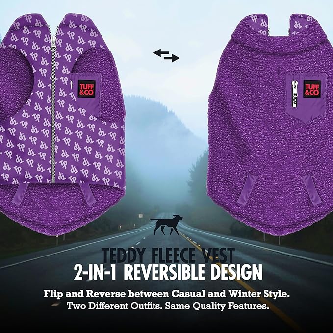 Tuff Pupper Reversible Fleece Sweater Vest for Dogs | Lightweight Comfortable Insulated Jacket | Front Zip Closure | Machine Washable | Built-in Leash Hole | Sizes for All Breeds (Small, Purple)