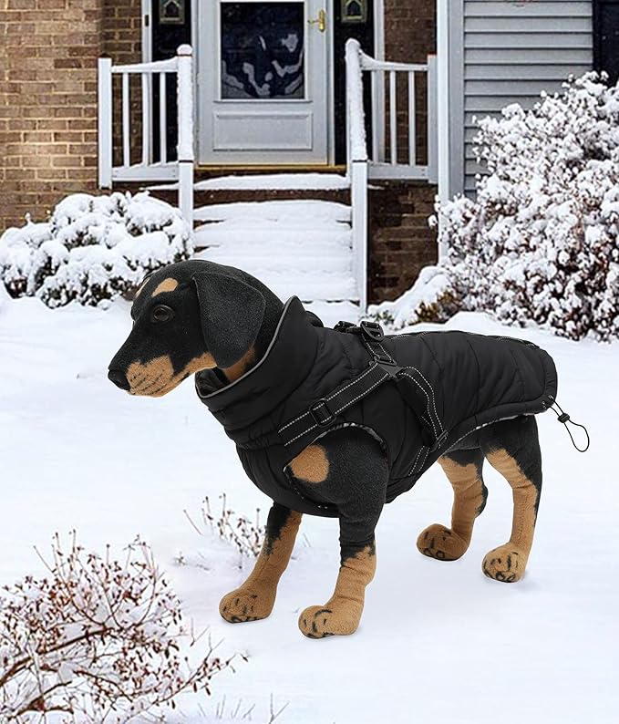 Geyecete Winter Warm Coat Waterproof Dog Winter Jacket with Harness Traction Belt,Pet Outdoor Jacket Dog Autumn and Winter Clothes for Medium, Small Dog-Black-S