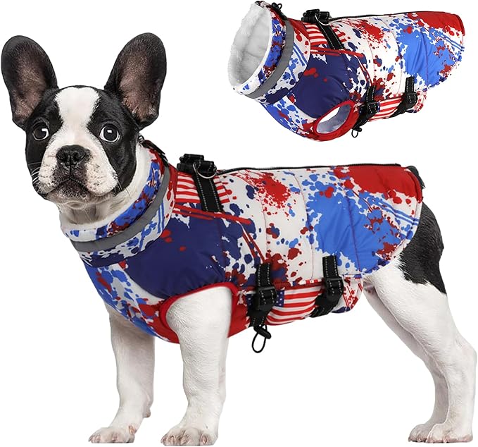Large Dog Coat with Harness Built-in, Waterproof Reflective Fleece Lined - Warm Windproof Winter Jacket with Back Zipper, Cold Weather Snow Dog Coats - American Flag - XL
