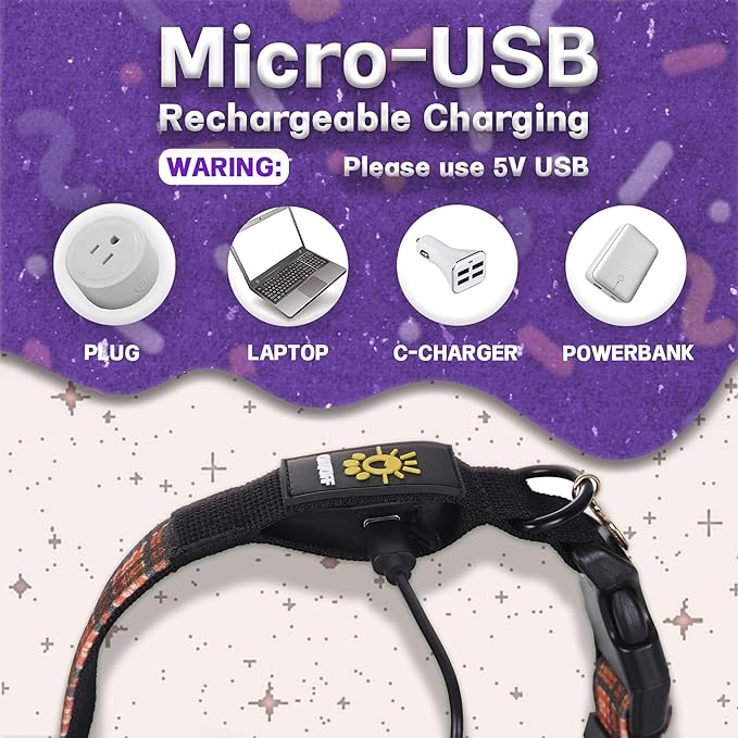 DOGWONG LED Dog Collar - Fall Orange Plaid Heavy Duty Light up Dog Collars - Rechargeable Waterproof - Lighted Dog Collars for Night Walking, Hiking, Camping(Orange Plaid,M)